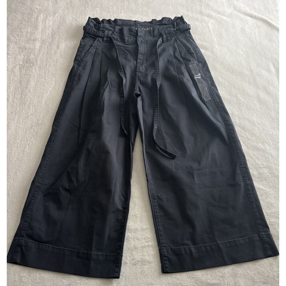American Eagle Stretch Paper bag Wide Leg Crop Pants Sz 6 Black Light Wash